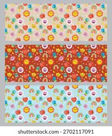 Padrão colorido sem costura com vários desenhos animados bonitos rabiscos como sol, corações e rostos felizes.