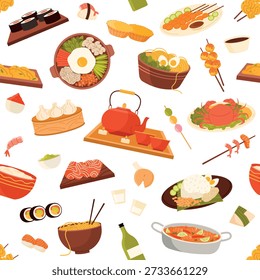 Colorful seamless pattern featuring various Asian food dishes, sushi, noodles, dumplings, and tea on a white background, ideal for culinary projects and decor, isolated on white background vector