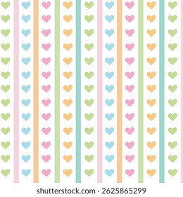 A colorful seamless pattern featuring vertical stripes of pastel hearts