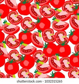 Colorful seamless pattern featuring vibrant red tomatoes, both whole and sliced, showcasing their fresh and juicy appearance. Ideal for food-related designs, culinary themes, and vegetable