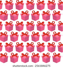 A colorful, seamless pattern featuring vibrant pink gift boxes with red bows, perfect for festive designs and celebrations.	