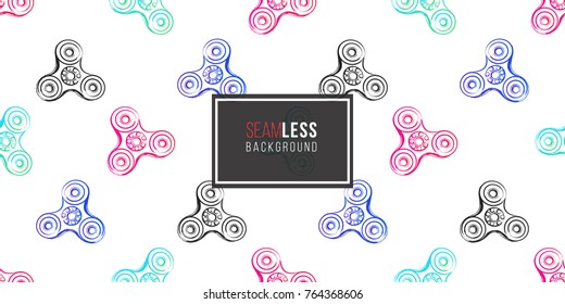 Colorful seamless pattern with fidget spinners. Vector hand drawn fashion illustration on white background in watercolor style.