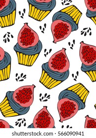 Colorful seamless pattern with fig cupcakes