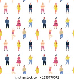 Colorido patrón sin costuras con figuras de personas.Trituración más tamaño, hombres y mujeres regordetes.Papel envuelto, textiles, relleno de fondo, impresión.Ilustración vectorial decorativa.