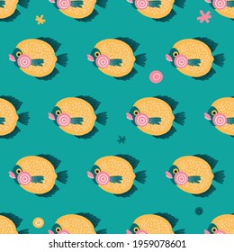 Colorful seamless pattern with fishes. Vector background