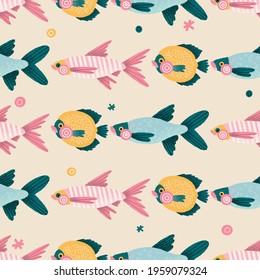 Colorful seamless pattern with fishes. Vector background