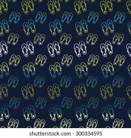 Colorful seamless pattern with flip-flop summer ocean beach elements separated by color stripes on dark background.