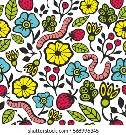 Colorful seamless pattern with flora and fauna in the garden. Vector illustration for endless wallpaper.