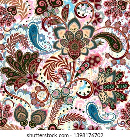 Colorful seamless pattern. Floral background. Flowers wallpaper. Stylized flowers, plants on the ornate background. Drawn decorative flowers pattern. Pastel colors