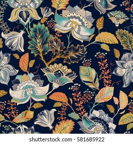 Colorful seamless pattern. Floral background. Flowers wallpaper. Stylized flowers, plants on the dark background. Drawn decorative flowers pattern. Design for home decor, fabric, carpet, wrapping