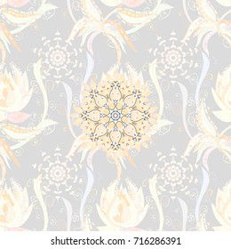 Colorful seamless pattern. Floral background. Flowers wallpaper. Vector illustration. In cute textile style on gray, neutral and beige colors.