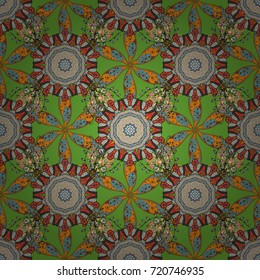 Colorful seamless pattern. Floral background. Flowers wallpaper. Vector illustration. In cute textile style on green, neutral and orange colors.