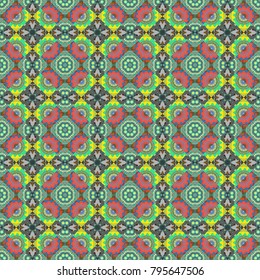 Colorful seamless pattern. Floral mandalas background in blue, green and brown colors. Flowers vector wallpaper.