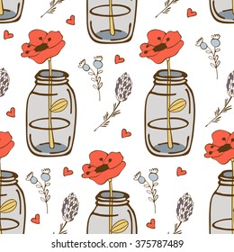 Colorful seamless pattern with flower in a jar