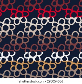Colorful seamless pattern with flower and sun elements separated by color stripes on dark background.