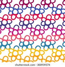 Colorful seamless pattern with flower and sun elements separated by color stripes on white background.