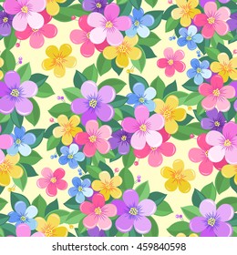 Colorful seamless pattern with flowers. Bright design in boho style. Floral vector illustration for fashion, textile, fabric, cloth, material, stuff, wrapping paper, tiles and website wallpaper.