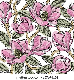 Farbiges, nahtloses Muster mit Blumen, Knospen, Blättern und Ästen von Magnolie. Vektorillustration, einzeln auf Hintergrund für Design, Stoff oder Tapete.