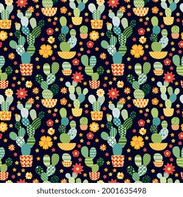 Colorful seamless pattern with flowers and cactuses in pots on black background. Bright vector design.