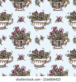 colorful seamless pattern with flowers in a cup. vector cute illustration for wallpaper.