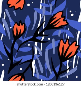Colorful seamless pattern with flowers, leaves. Decorative colored wallpaper, good for printing. Hand drawn overlapping background, decor. Design backdrop vector