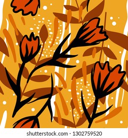 Colorful seamless pattern with flowers, leaves. Decorative colored wallpaper, good for printing. Hand drawn overlapping background, decor. Design backdrop vector