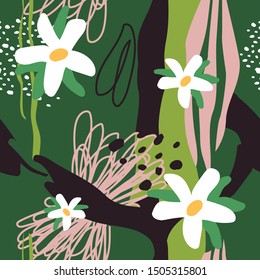 Colorful seamless pattern with flowers, leaves, spots. Decorative colored wallpaper, good for printing. Hand drawn overlapping background, texture with decor elements, lines and shapes. Design backdro