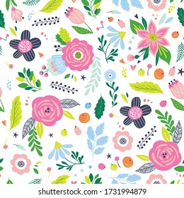 Colorido patrón sin costuras con flores, hojas y bayas. Fondo de verano de repetición floral para tejidos o tapices. 