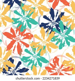 Colorful seamless pattern with flowers on a white background. Delicate multicolored flowers and tropical leaves on pastel background.