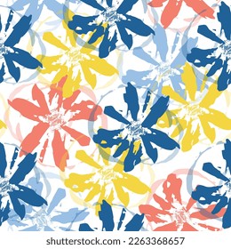 Colorful seamless pattern with flowers on a white background. Delicate multicolored flowers and tropical leaves on pastel background.