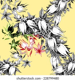 Colorful seamless pattern with flowers on yellow background vector illustration
