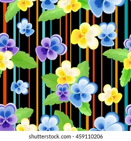 Colorful seamless pattern with flowers "pansies" on striped black background.Floral vector illustration  for web pages,cloth,textile,wrapping paper,scrapbooking,Wallpapers..