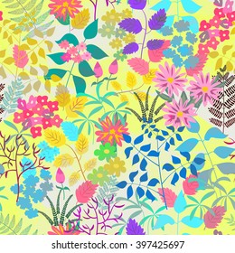 colorful seamless pattern with flowers and plant