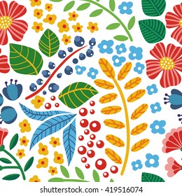 Colorful seamless pattern flowers, plants, branches and graphic elements on a white background. Can be used for wallpaper, pattern fills, web page background, surface textures. Vector illustration