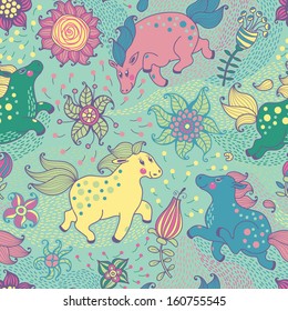 Colorful seamless pattern with flowers and pretty horses