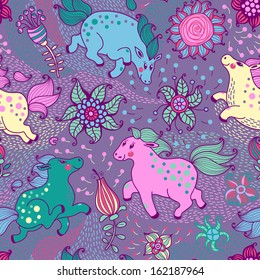 Colorful seamless pattern with flowers and pretty horses. Vector illustration.