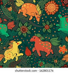 Colorful seamless pattern with flowers and pretty horses. Vector illustration.