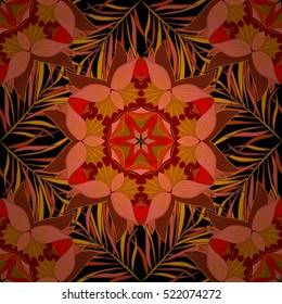 Colorful seamless pattern with flowers and round patterns in intense tropical shades - pink, black, yellow and orange