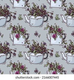 colorido patrón sin costuras con flores en una tetera. ilustración vectorial linda para fondo de pantalla.
