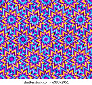 Colorful seamless pattern with flowers in techno style. Optical illusion of movement.