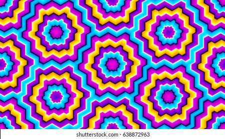 Colorful seamless pattern with flowers in techno style. Optical illusion of movement.