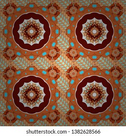 Colorful seamless pattern. Flowers vector wallpaper. Floral mandalas background in blue, red and orange colors.