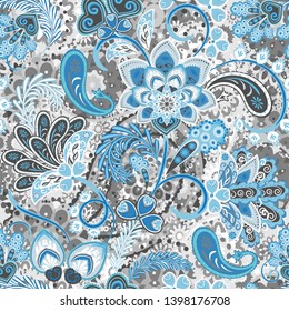 Colorful seamless pattern. Flowers wallpaper. Stylized flowers, plants on the ornate background. Drawn decorative flowers pattern. Design for home decor, fabric, carpet, wrapping. Blue