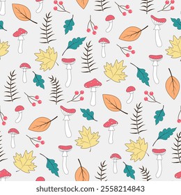 colorful seamless pattern with fly agaric mushroom and autumn leaves