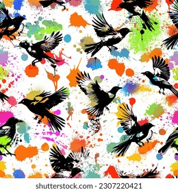 colorful seamless pattern with flying birds. flying magpies. Vector illustration