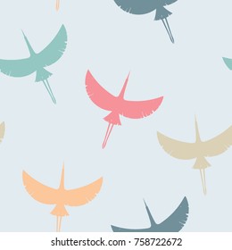 The colorful seamless pattern of flying cranes on a gray background.