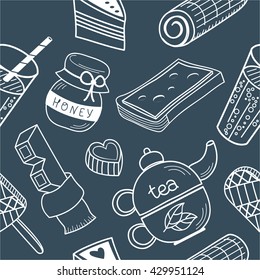 Colorful seamless pattern: food and drink. Pencil drawing. Background