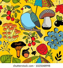 Colorful seamless pattern with forest wild bird on the tree. Endless vector illustration.