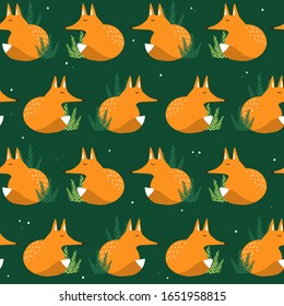 Colorful seamless pattern with foxes, grass. Decorative cute wallpaper, good for printing. Overlapping background vector. Backdrop with animals