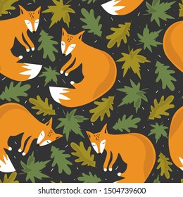 Colorful seamless pattern with foxes and leaves. Decorative cute wallpaper, good for printing. Overlapping background vector. Backdrop with animals